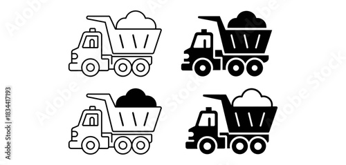 Set of four dump truck icons with filled beds, featuring two line art and two solid fill illustrations, isolated on white background.