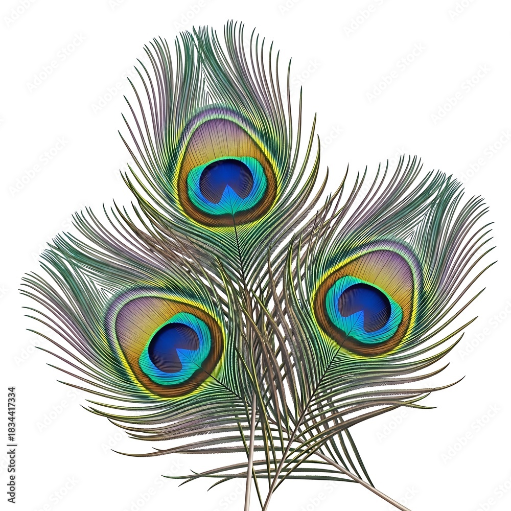 Obraz premium Three iridescent peacock feathers arranged in a fan shape