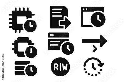 Time-sensitive Memory Icons. Solid style icons of temporal memory access: clocked RAM chip, time-sensitive data fetch, memory