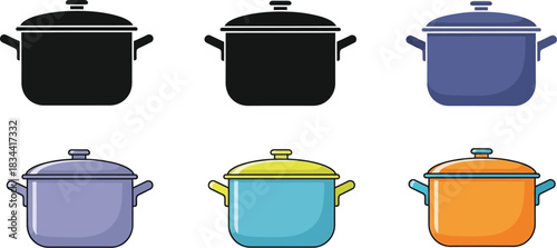 Collection of colorful cooking pots with lids for culinary designs