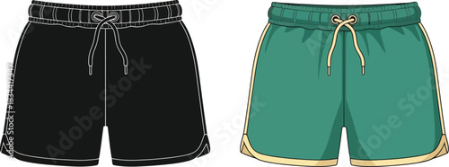 Two pairs of sporty shorts in black and green vector illustration