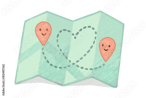 Heartfelt Journey Map. a cozy folded map with smiling route markers and a dotted trail shaped like a heart, mint and coral palette