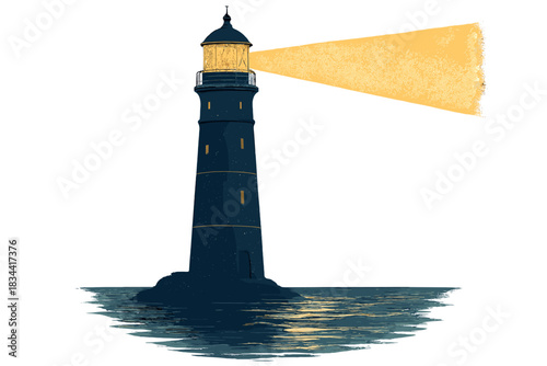Guiding Lighthouse Glow. a tall friendly lighthouse casting a warm beam across calm waves, clearly illuminating the path ahead,