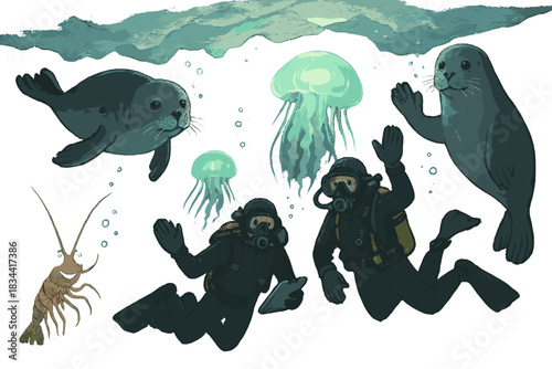 Arctic Ocean Exploration. Scientific dive under ice with glowing jellyfish, curious seals, smiling krill, and divers waving No