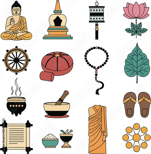 Collection of buddhist religion symbols with buddha statue lotus flower and monk robe for meditation yoga and spiritual temple worship design concepts elements.