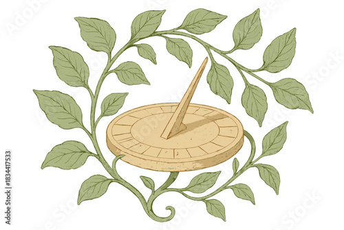 Vine Embracing Sundial. a vine winding around a sundial, each leaf representing a moment of time and growth, sage and sandstone