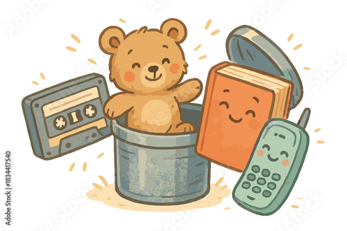 Joyful Time Capsule. Delightful doodle of a joyful time capsule scene with items symbolizing different eras — cassette, phone,