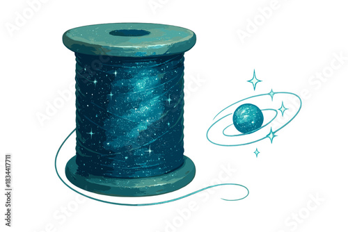 Galaxy Thread and Stars. a spool of shimmering galaxy thread resting beside tiny orbiting stars, turquoise and silver palette, No