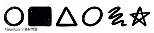 Set of five distinct sketchy shapes oval, filled rectangle, triangle, wavy line, and star, perfect for various graphic uses.