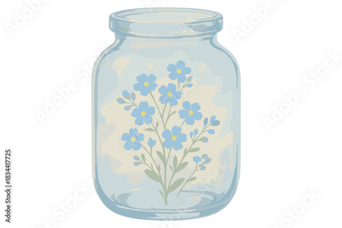Ethereal Blossom Jar. a transparent “forget-me-not” jar preserving small blue blossoms and glowing light fragments, sky and pearl