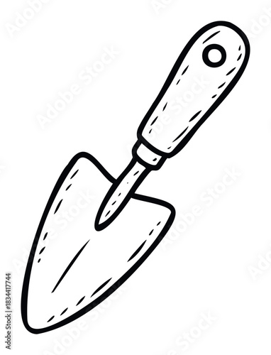 A simple outline drawing of a gardening trowel with a hole in the handle. Ideal for gardening themes, DIY projects, or tool collections.