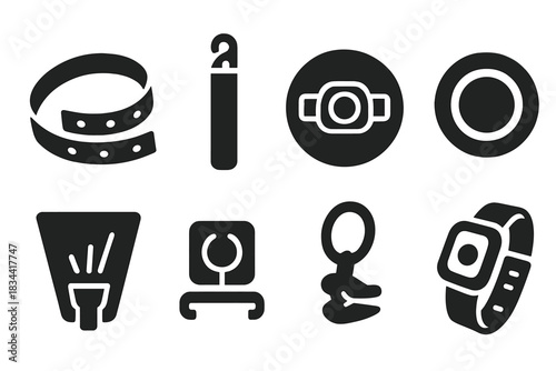 Glacier Cave Lighting Gear. Solid style icons of glacier cave lighting gear: LED strip glyph, glow stick icon, headlamp badge.