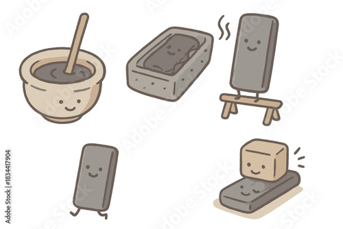 Ink Stick Process Art. Cute doodle infographic-style artwork of ink stick making process — mixing, molding, drying, polishing —