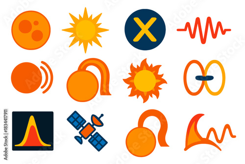 Vibrant Solar Icon Set. Flat vector icons of solar flares: sunspot group, bright flare burst, X-ray emission symbol, ultraviolet