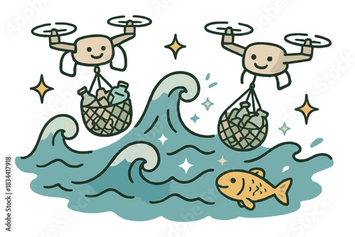 Joyful Ocean Cleanup. Delightful doodle of a happy ocean cleanup scene — drones, fish, and waves all smiling as the sea sparkles