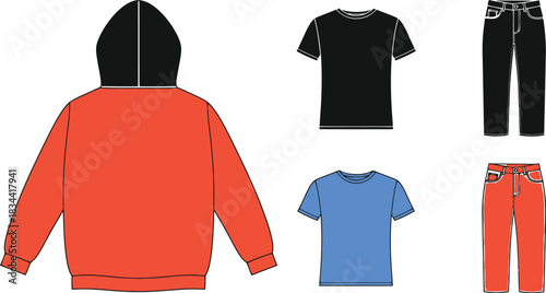 Collection of casual clothes hoodie t shirts and jeans for everyday wear