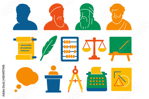 Historical Icons Set. Flat vector icons of historical mathematicians and philosophers: portrait silhouette, scroll, quill, abacus,
