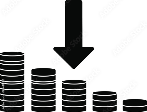 Declining stacked coins with downward arrow illustrating financial loss or recession