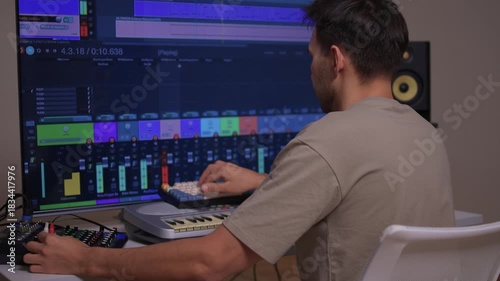 Music producer manipulates faders and displays in dimly lit home studio, Creative audio engineer calibrates channel strips and meters during detailed mixing session