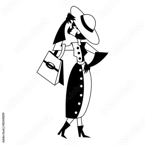 Art deco woman hat bag monocolor character
