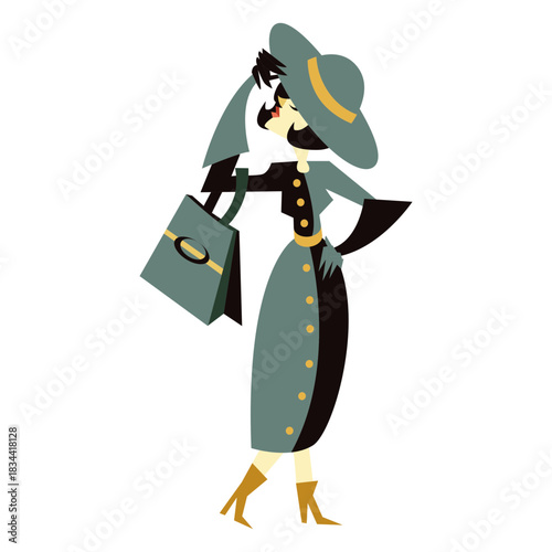 Art deco woman hat bag character