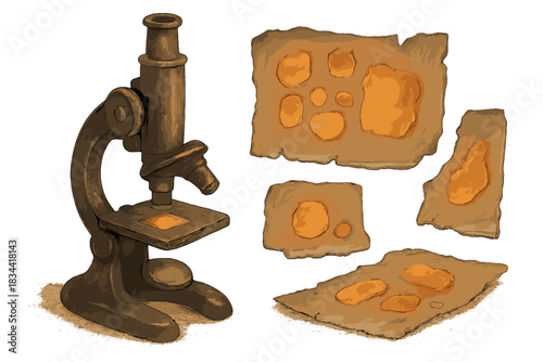 Microscope and Ancient Scrolls. a small microscope beside ancient scroll fragments glowing with pigment samples, amber and soft