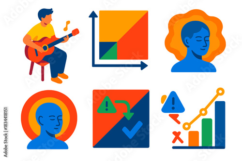 Flow State Illustration. Isometric vector illustration set Psychology of optimal challenge: musician practicing, skill-to-task