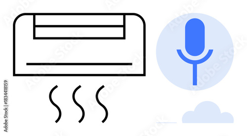 Smart homes, voice command interfaces, IoT technology, climate control, automation, AI systems. Air conditioner emitting air with a microphone element. Smart homes and voice command technologies