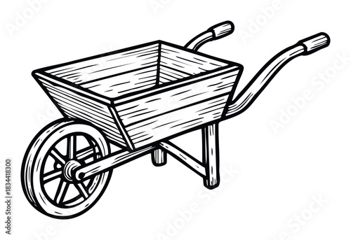 A vintage sketch of a wooden wheelbarrow, perfect for representing gardening, agriculture, or DIY projects.
