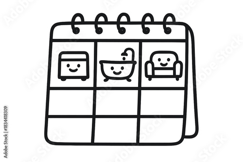 Room Cleaning Schedule. Charming doodle vector of calendar planner with smiling rooms—kitchen, bathroom, living room—each waiting
