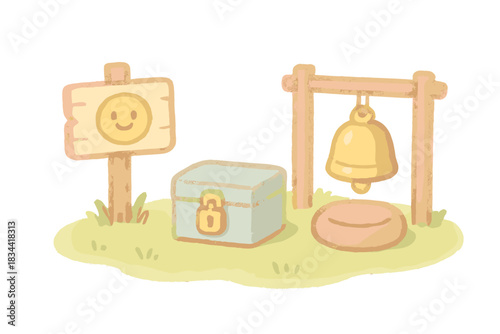 Miniature Mindfulness Retreat. A miniature unplugged retreat scene with cheerful boundary marker, lockbox, and mindfulness bell,