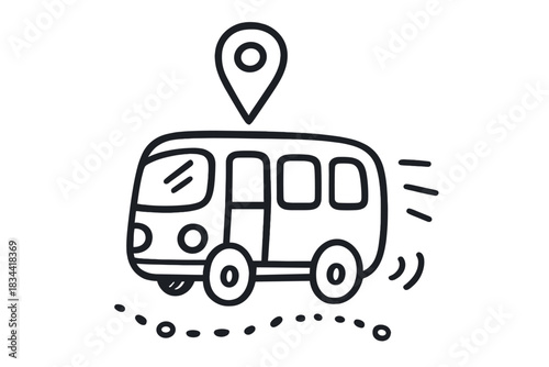 Doodle Bus Adventure. Charming doodle bus with a location arrow hovering overhead, little motion lines and route dots showing