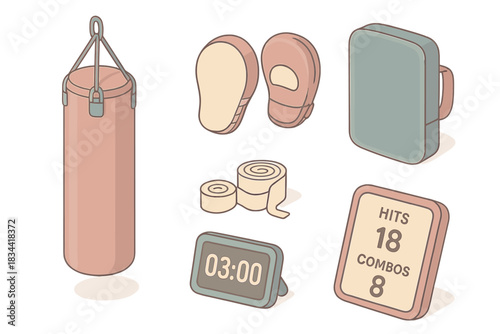 Muay Thai Training Tools. Isometric vector illustration set of Muay Thai training tools: punching bag, focus mitts, kick shield,