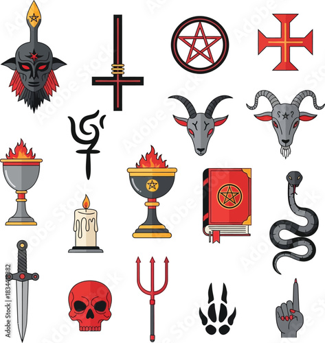 Collection of satanic and occult symbols with baphomet goat head pentagram and inverted cross for black magic ritual and evil halloween witchcraft design concepts.