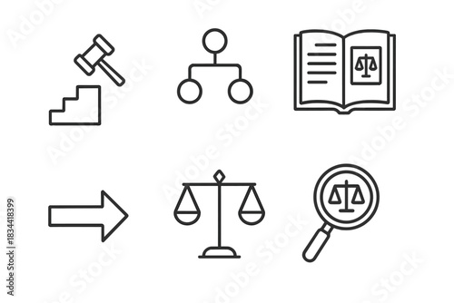Legal Reasoning Icons. Line style icons of Legal Reasoning Methods: precedent staircase, logical argument tree, case analysis book