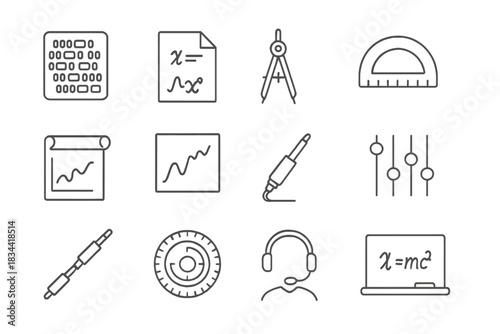 Research Computing Icons. Line style icons of research computing: punched card, formula sheet, drafting compass, protractor; paper