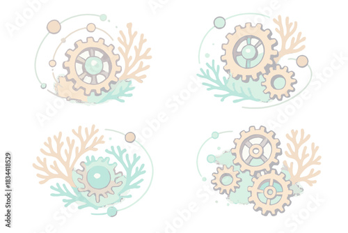 Astral Coral Clockworks. Isometric vector illustration set Astral coral clockworks: interconnected gears, coral-like filigree,