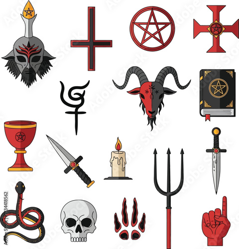 Collection of satanic and occult symbols with baphomet goat head pentagram and inverted cross for black magic ritual and evil halloween witchcraft design concepts.