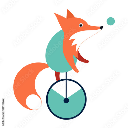 Cute fox character riding a unicycle and juggling a ball