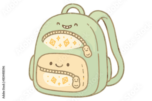 Backpack with Sparkling Treasures. A playful backpack with tiny happy zippers opening to reveal sparkling treasures, soft rounded