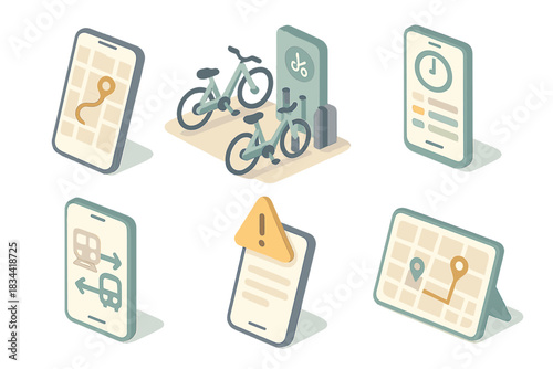 Smart City Transport Icons. Isometric vector illustration set of smart city transport apps: digital route planner, bicycle docking