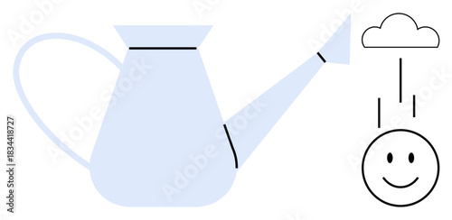 Growth concept. Minimalistic design a watering can pouring into a cloud, nurturing growth, and a smiling face positivity. Growth, sustainability, and human connection. Usage education
