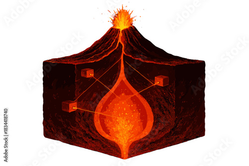 Volcano Cross-Section Diagram. a cross-section diagram of a glowing volcano showing magma chamber imaging tools scanning beneath