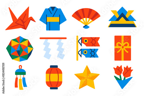 Japanese Origami Icons. Flat vector icons of cultural origami: Japanese paper crane, traditional kimono fold, decorative fan,