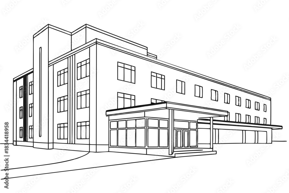 Fototapeta premium Minimalist Line Drawing of Hospital Building Clean Modern Medical Infrastructure Illustration