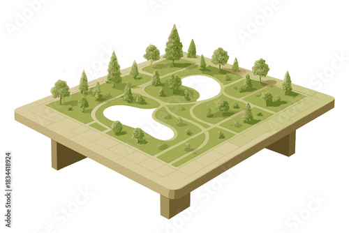 Holographic Green Space Design. a planning table displaying holographic parks, trees, and walkways for green space optimization,