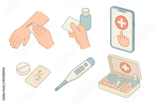 First Aid Essentials. Isometric vector illustration set of first response basics: treating a cut, cleaning with antiseptic wipe,