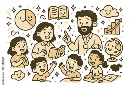 Whimsical Educational Workshop. Magical doodle community education workshop with smiling teachers, cartoon students interacting,