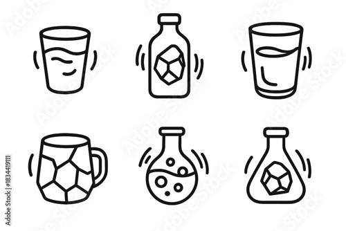 Vibrating Drink Icons. Line style icons of shaking drink from a mine: vibrating cup, mineral bottle, quivering glass, rocky mug,