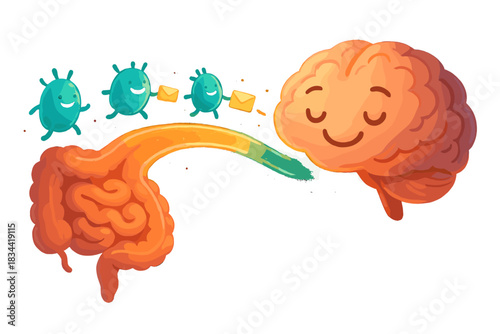 Gut-Brain Connection. Gut-brain axis illustrated as a glowing bridge with happy microbes carrying messages to a smiling brain No